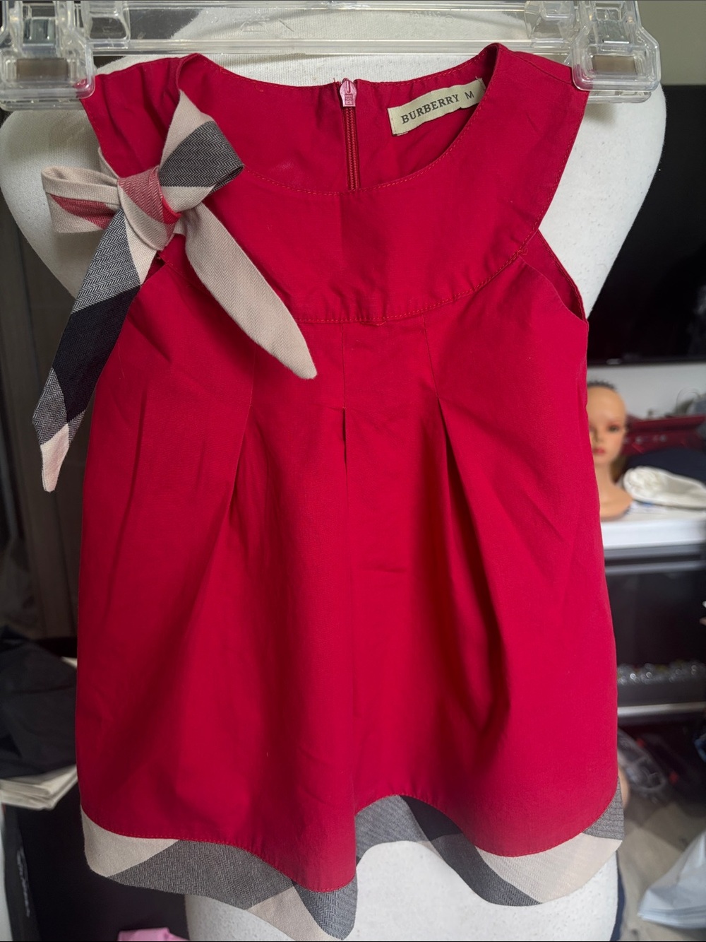 Burberry Red Girls Dress with Signature Check Bow Accent